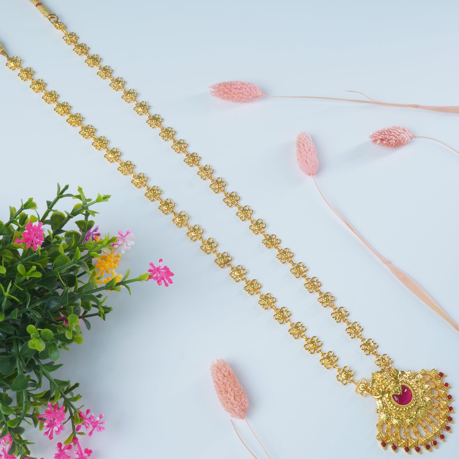 28 Inches Long Bakuli Haar Necklace With Gold Like Pendant With Ghungroos