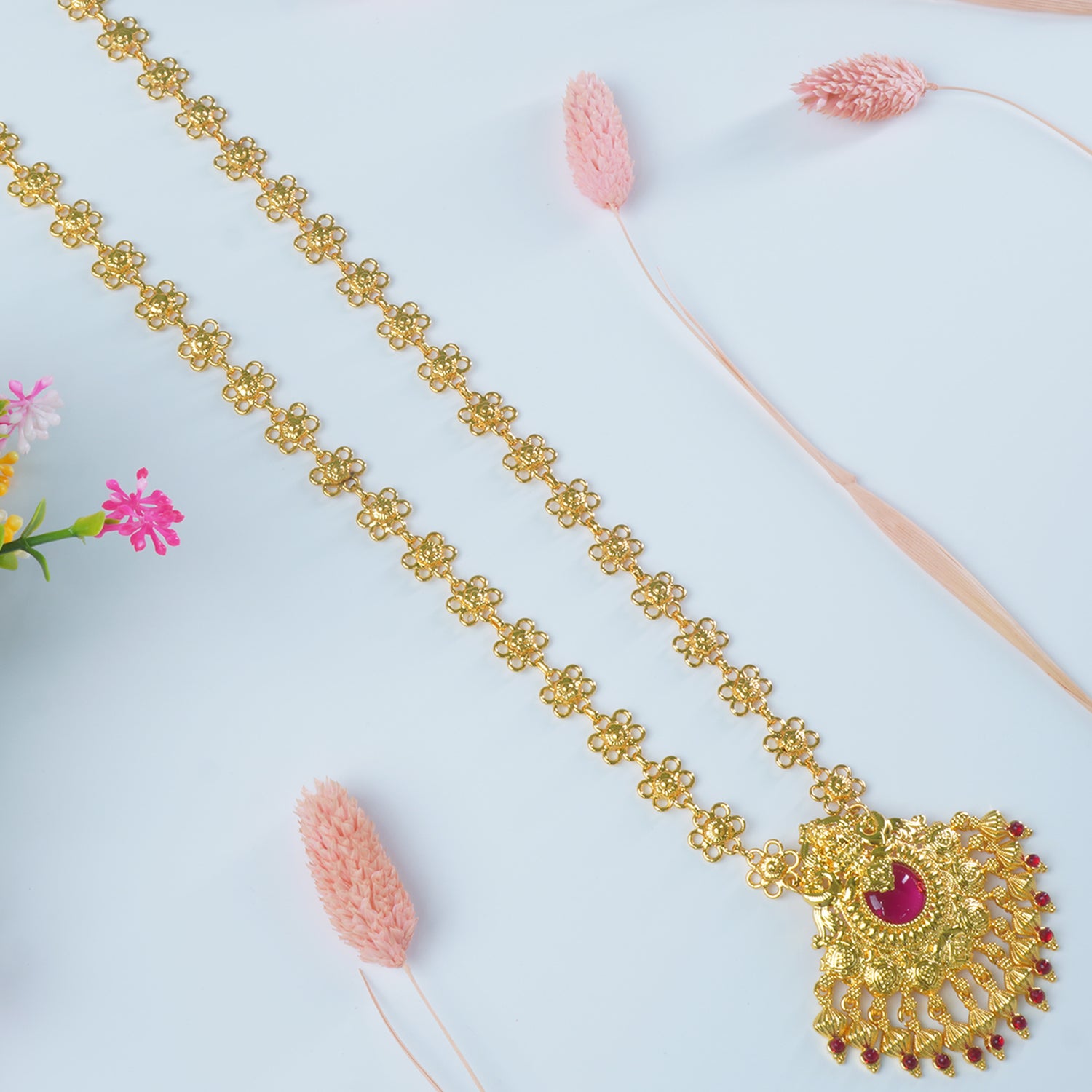 28 Inches Long Bakuli Haar Necklace With Gold Like Pendant With Ghungroos