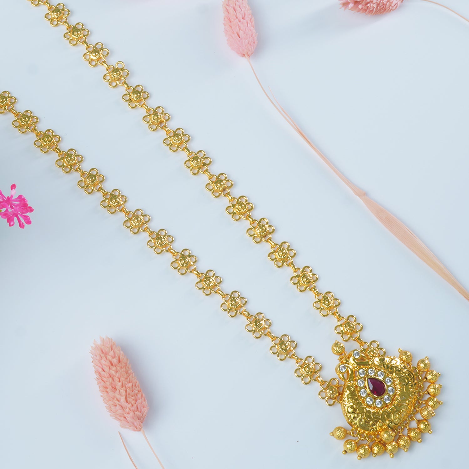 28 Inches Long Bakuli Haar Necklace With Peacock Pendant | लांब बकुळी हार