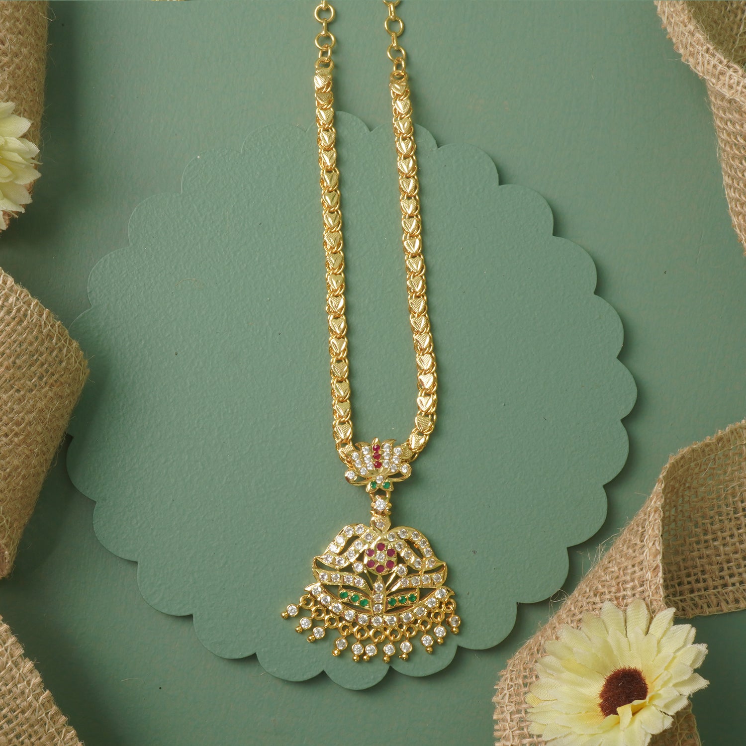 Premium Gold Plated Chain Karwari Haar With Hand Set Stone Studded Pendant Design