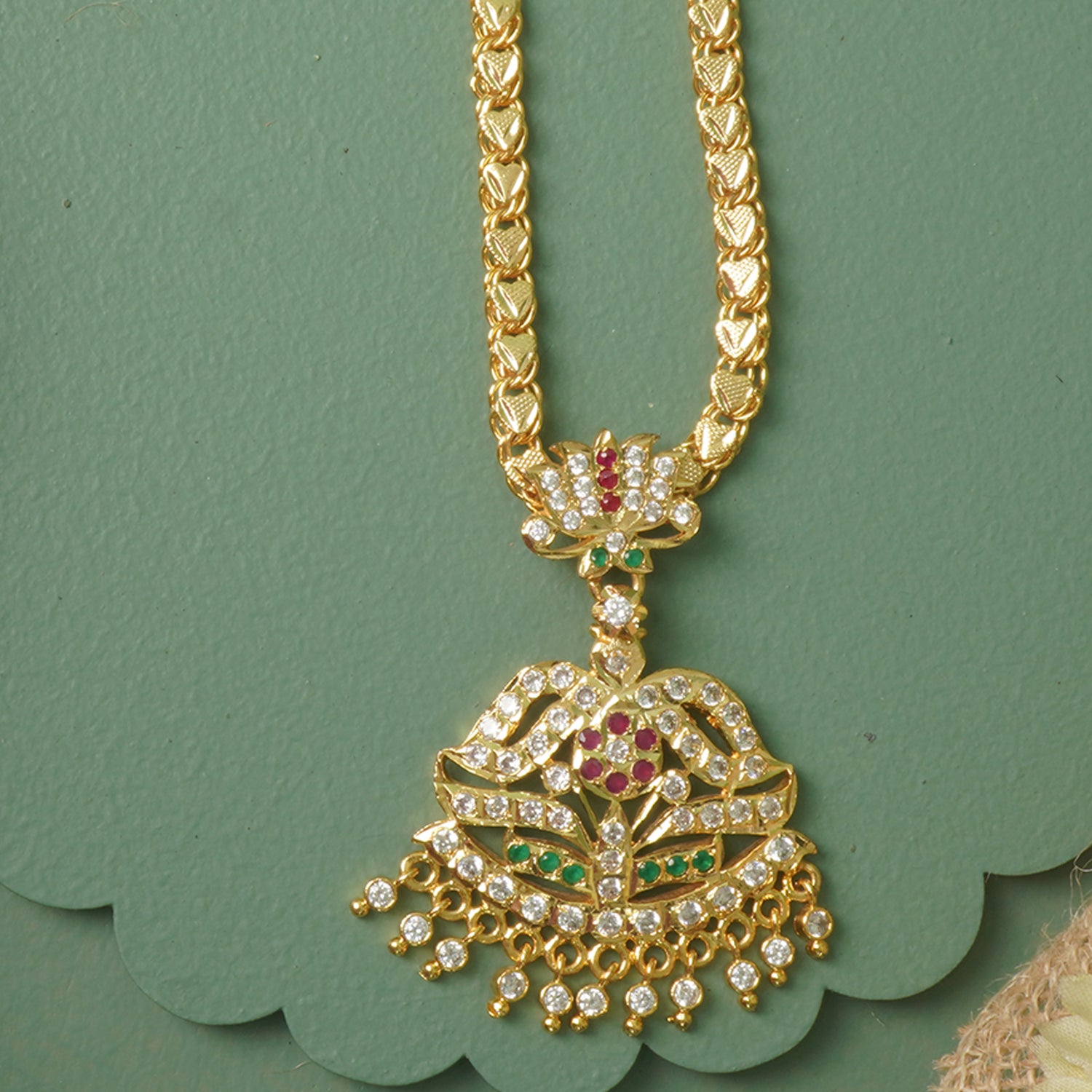 Premium Gold Plated Chain Karwari Haar With Hand Set Stone Studded Pendant Design