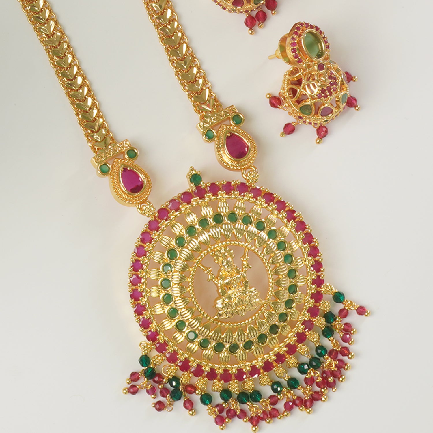 Premium Long Chain Karwari Haar With Hand Set Stone Studded Pendant With Matching Zhumki