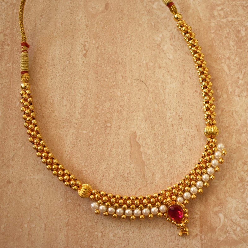 Traditional Gold Plated Silver Kolhapuri Thushi Design with Chandrakor  Pendant.