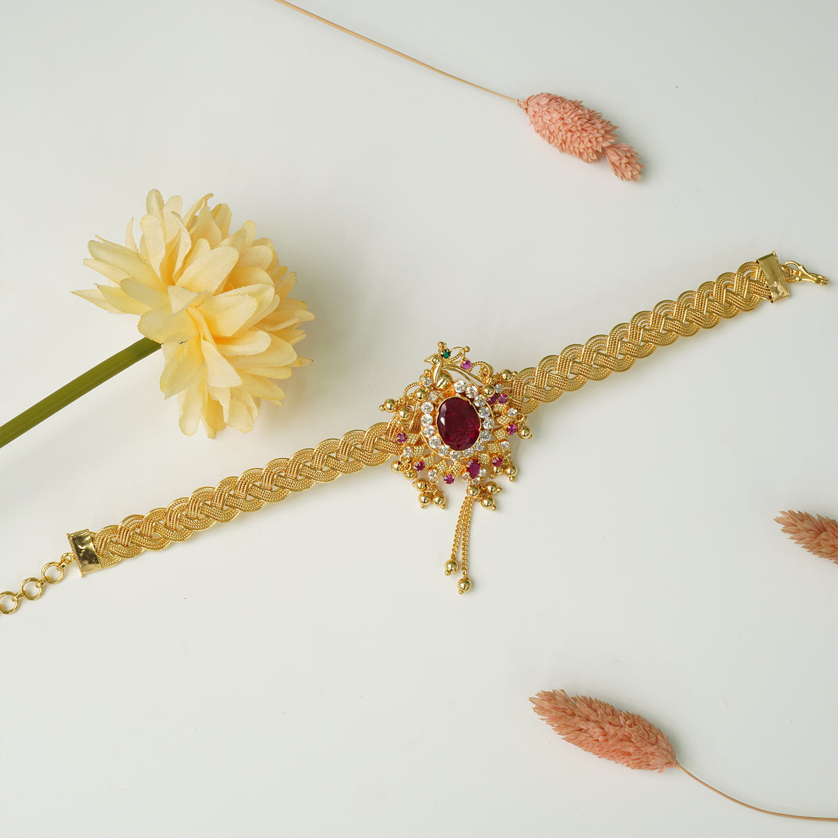 Gold Plated Bajuband With Peacock Motif And Golden Beads