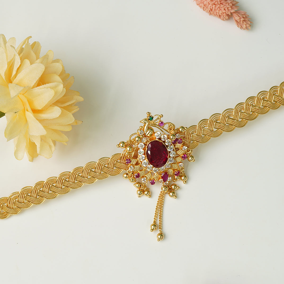 Gold Plated Bajuband With Peacock Motif And Golden Beads