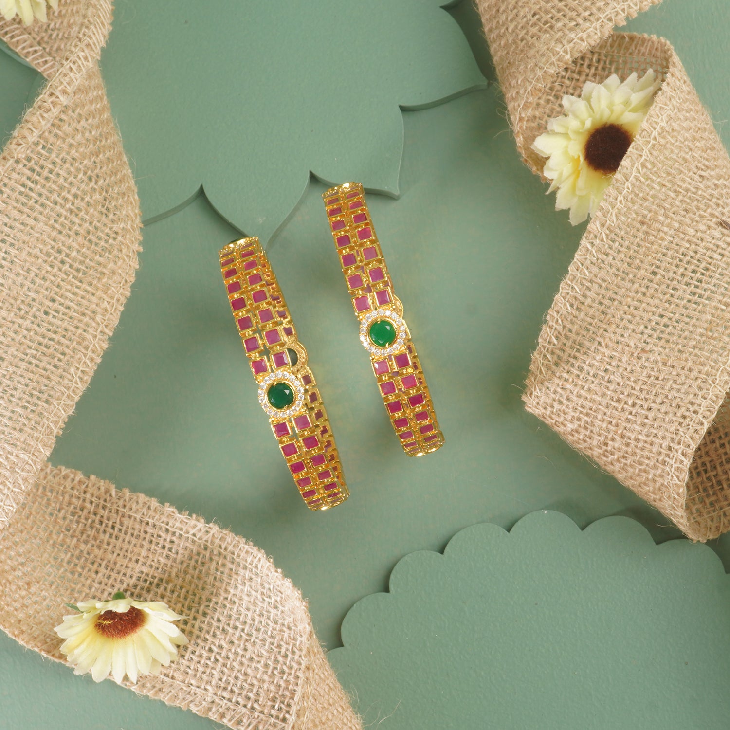 Stone Set Bangles With Red And Green Stones