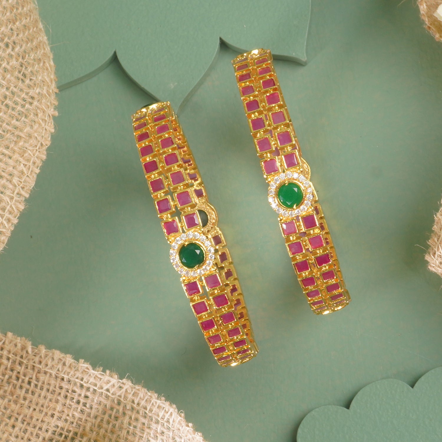 Stone Set Bangles With Red And Green Stones