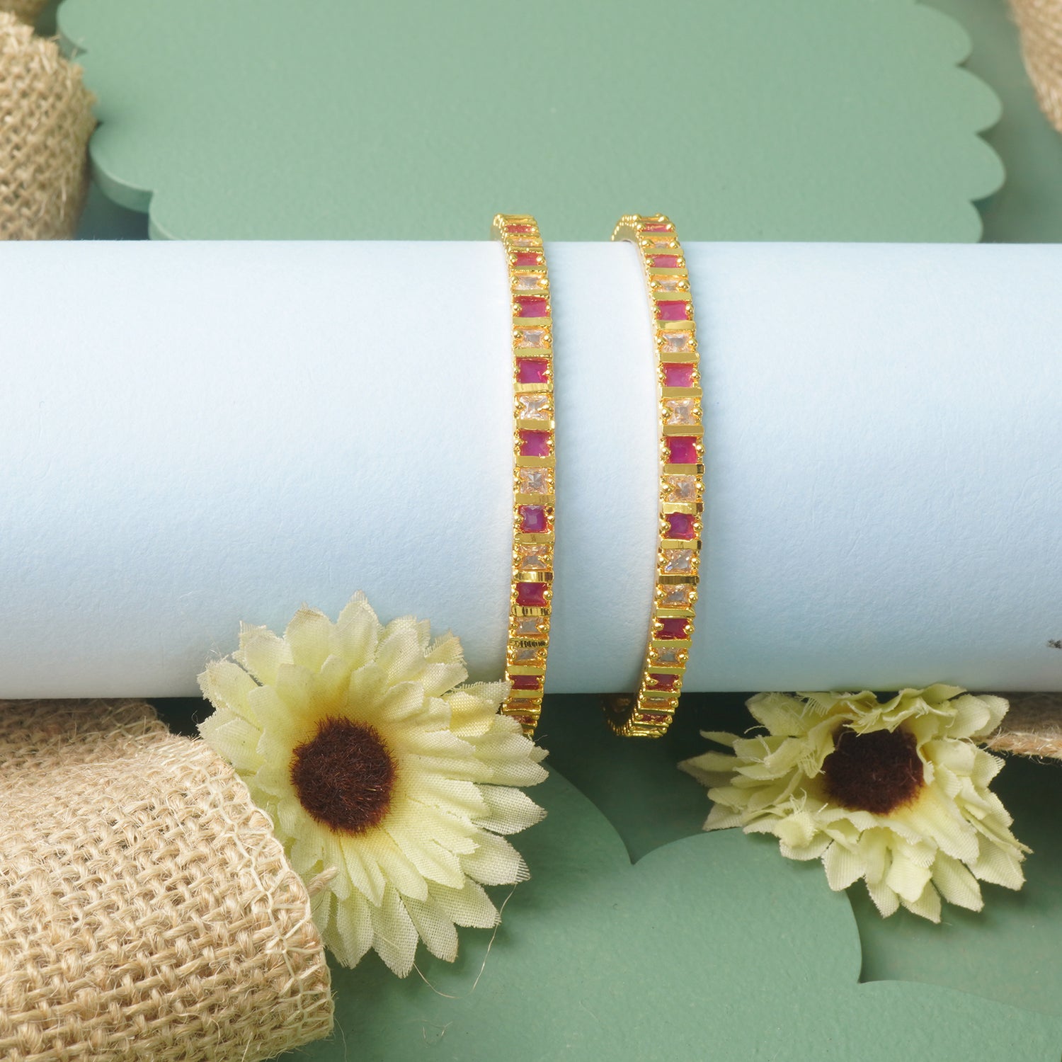 Simple Stone Bangles With Red And White Stones