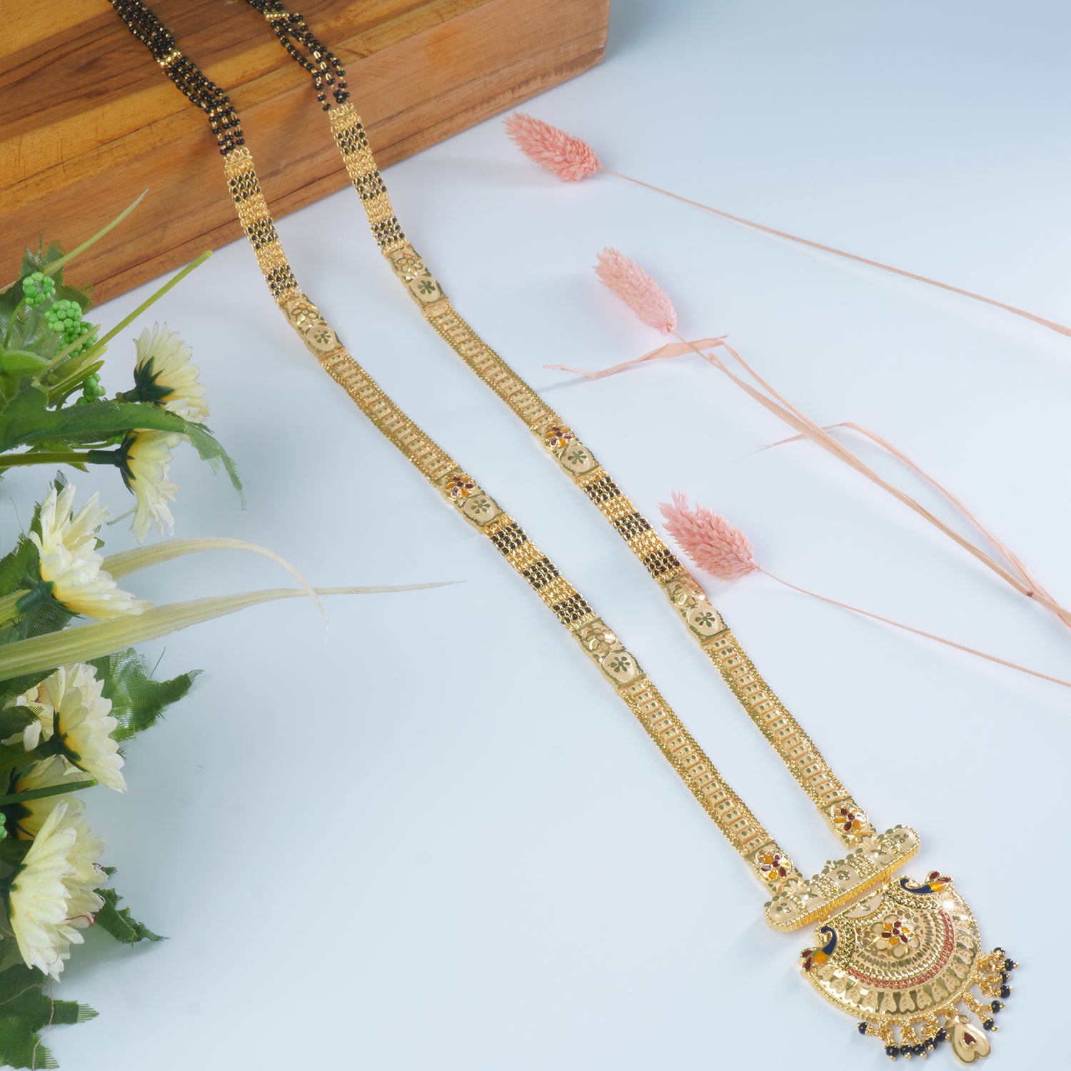 Shop Online 32 Inches Micro Forming Gold Plated Patti Mangalsutra With Peacock Meenakari Work Pendant