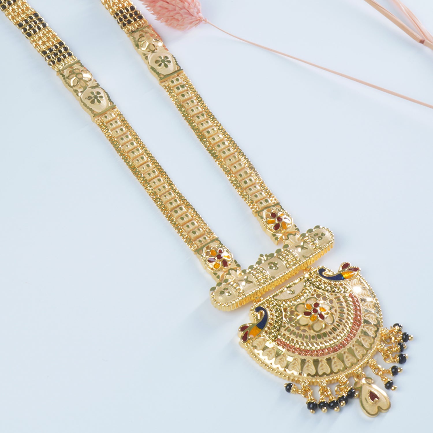 Shop Online 32 Inches Micro Forming Gold Plated Patti Mangalsutra With Peacock Meenakari Work Pendant