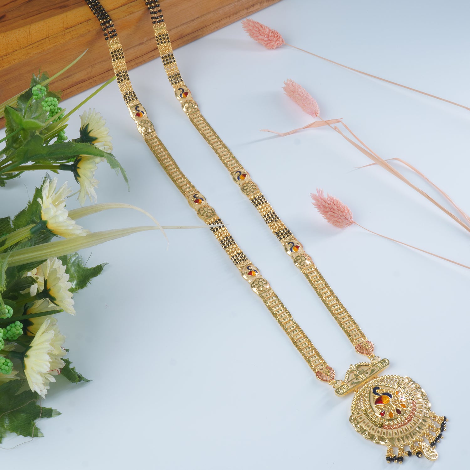 Shop Online 32 Inches Micro Forming Gold Plated Patti Mangalsutra With Peacock Meenakari Work Pendant