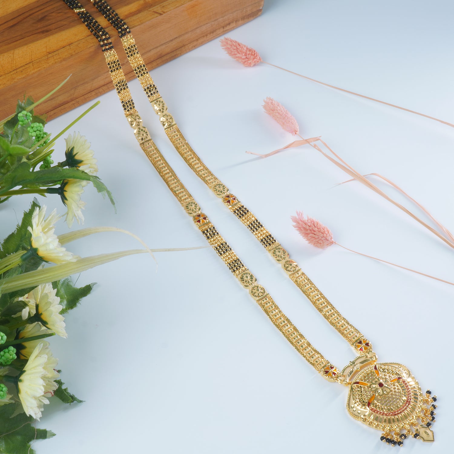 Shop Online 32 Inches Micro Forming Gold Plated Patti Mangalsutra With Meenakari Work Pendant