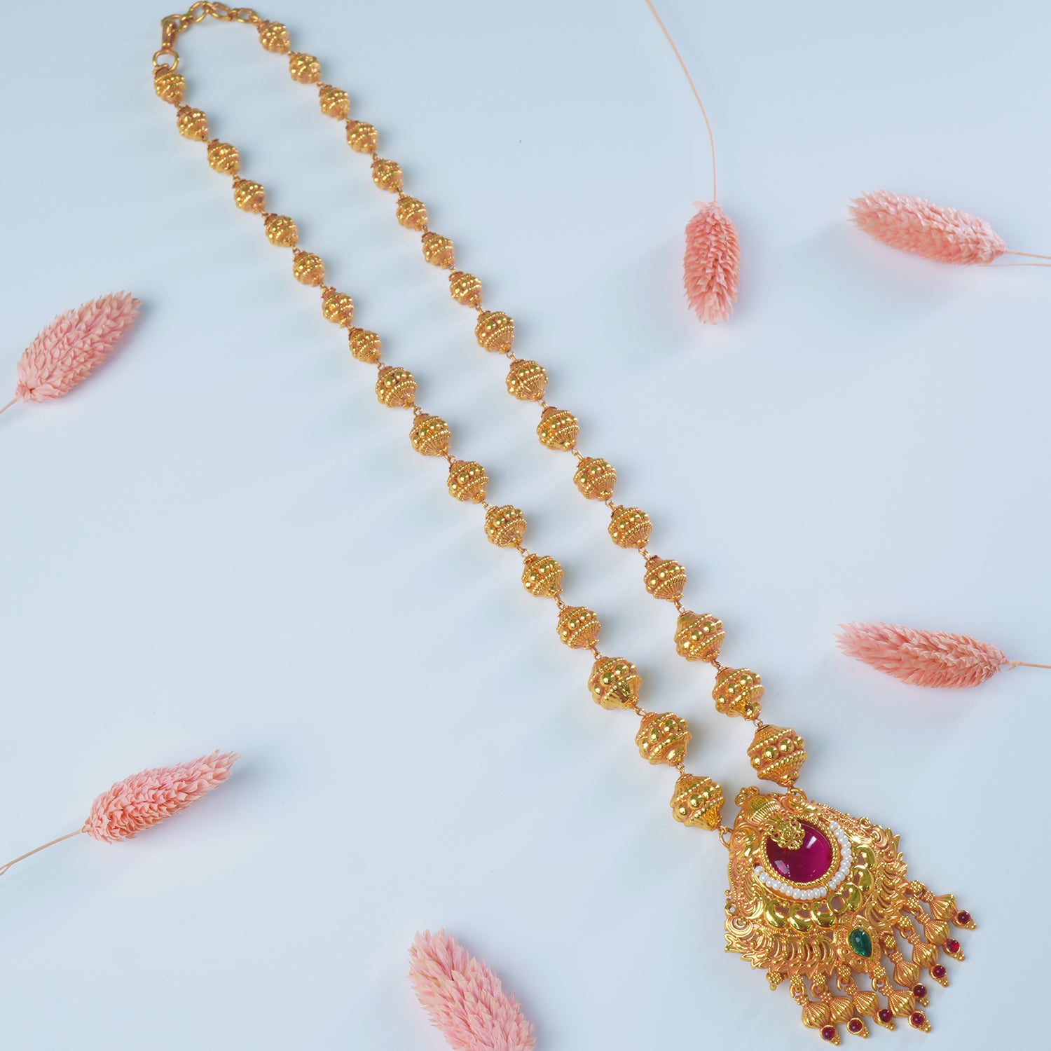 Regal Gheru Kasu Damru Mala With Enchanting Moti Pendant