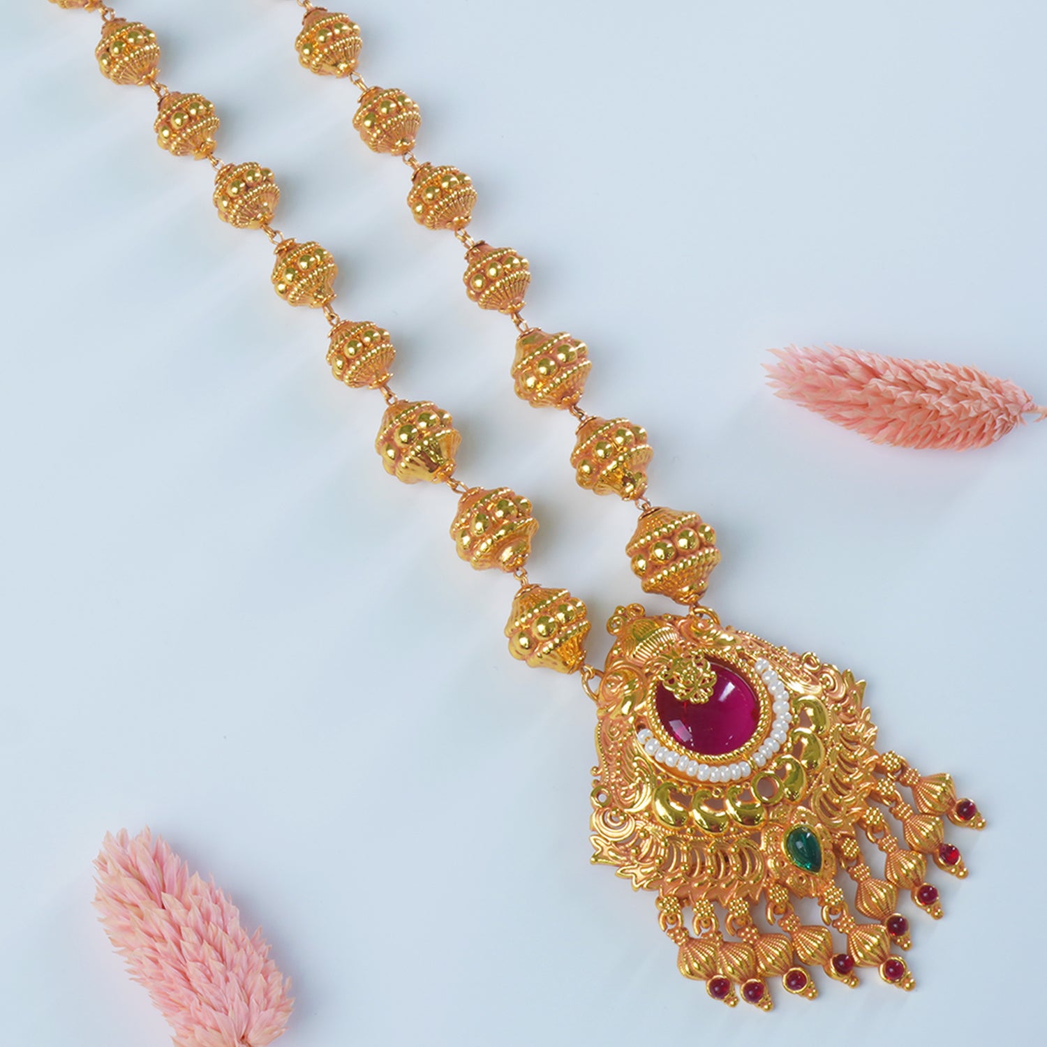 Regal Gheru Kasu Damru Mala With Enchanting Moti Pendant