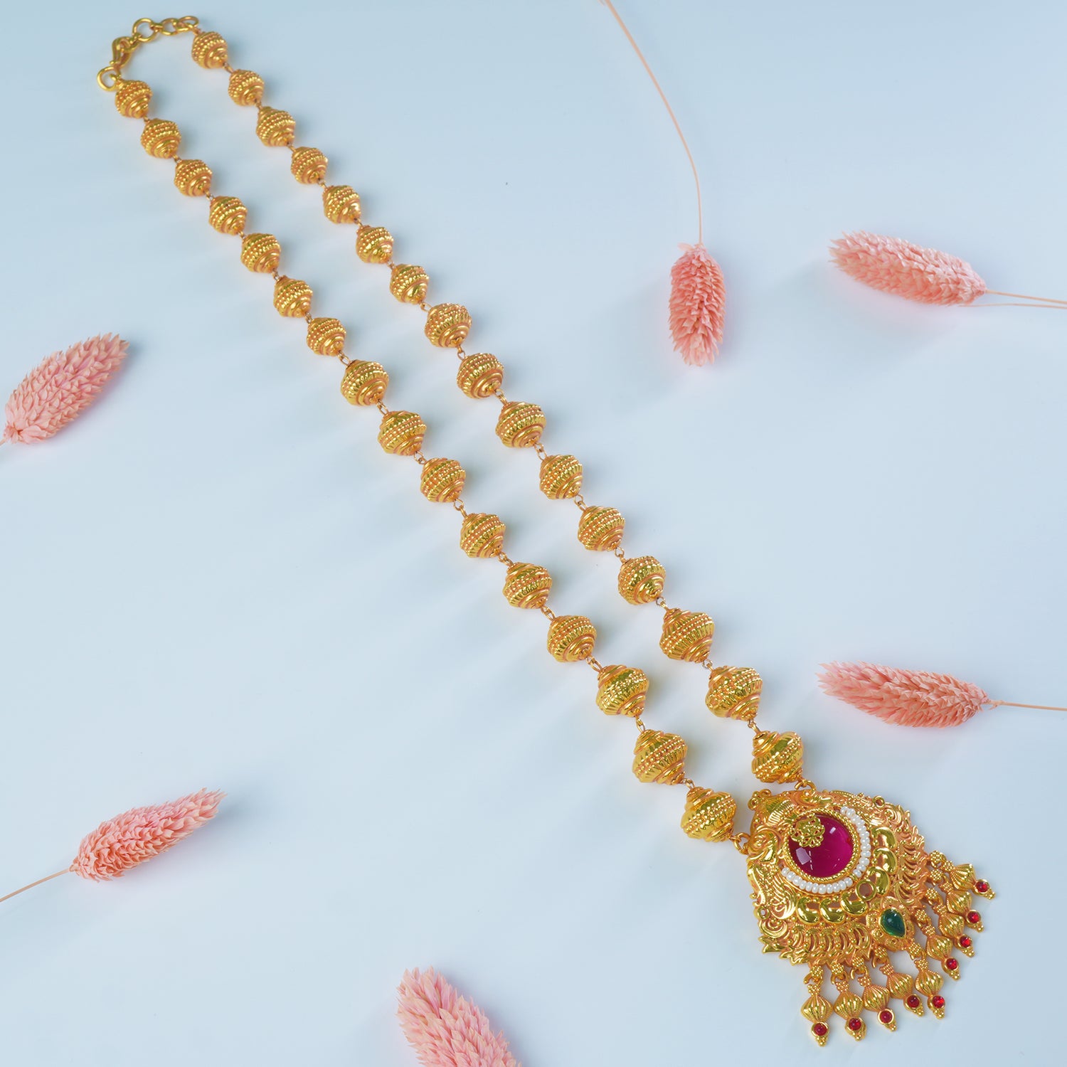 Regal Gheru Kasu Mala With Enchanting Moti Pendant
