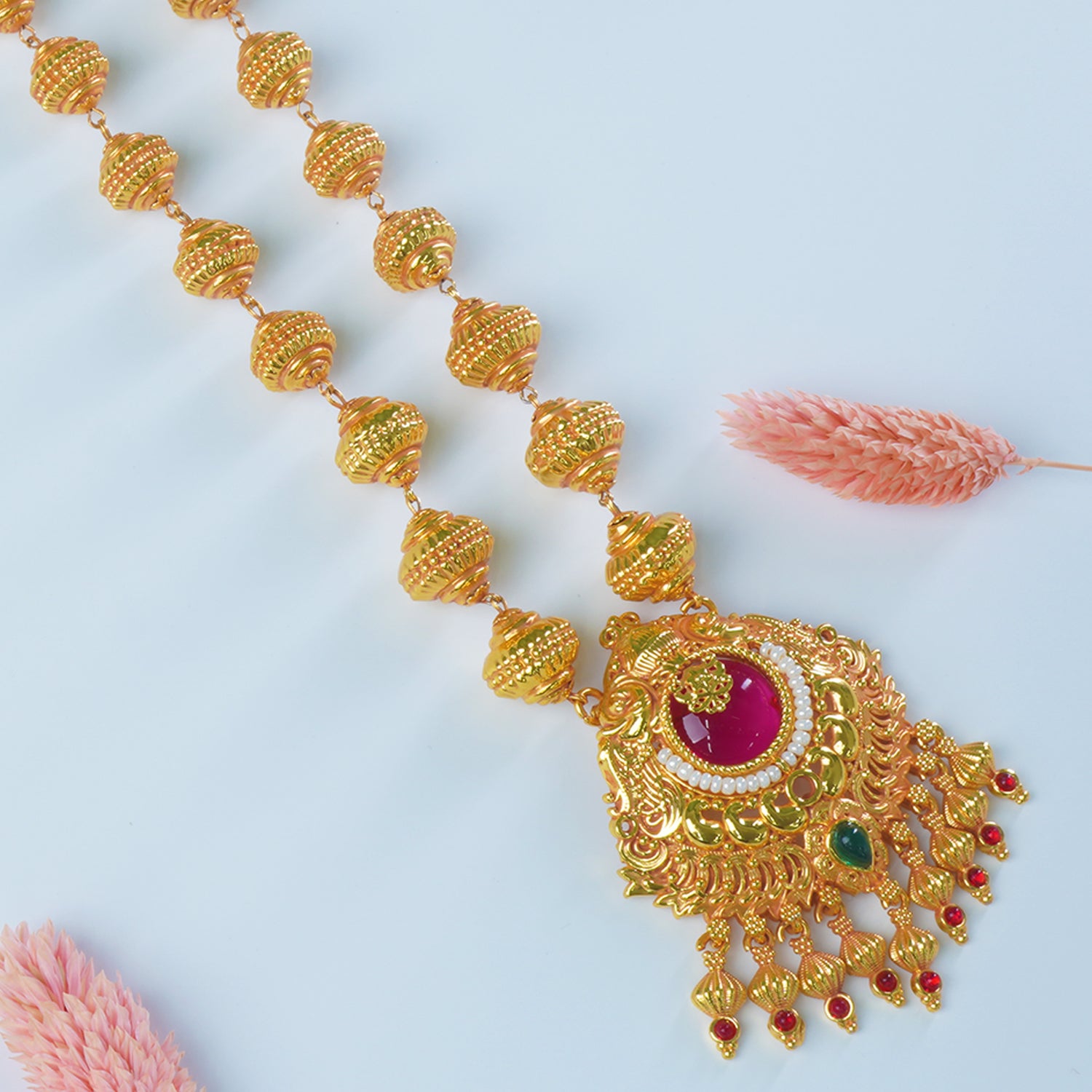 Regal Gheru Kasu Mala With Enchanting Moti Pendant