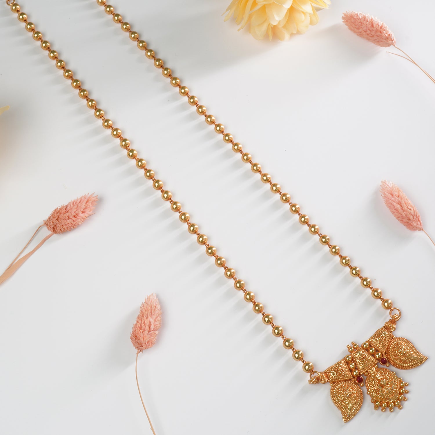 Shop Long Gold Plated Gheru Finish Beads Necklace With Gold Look-a-like Pendant