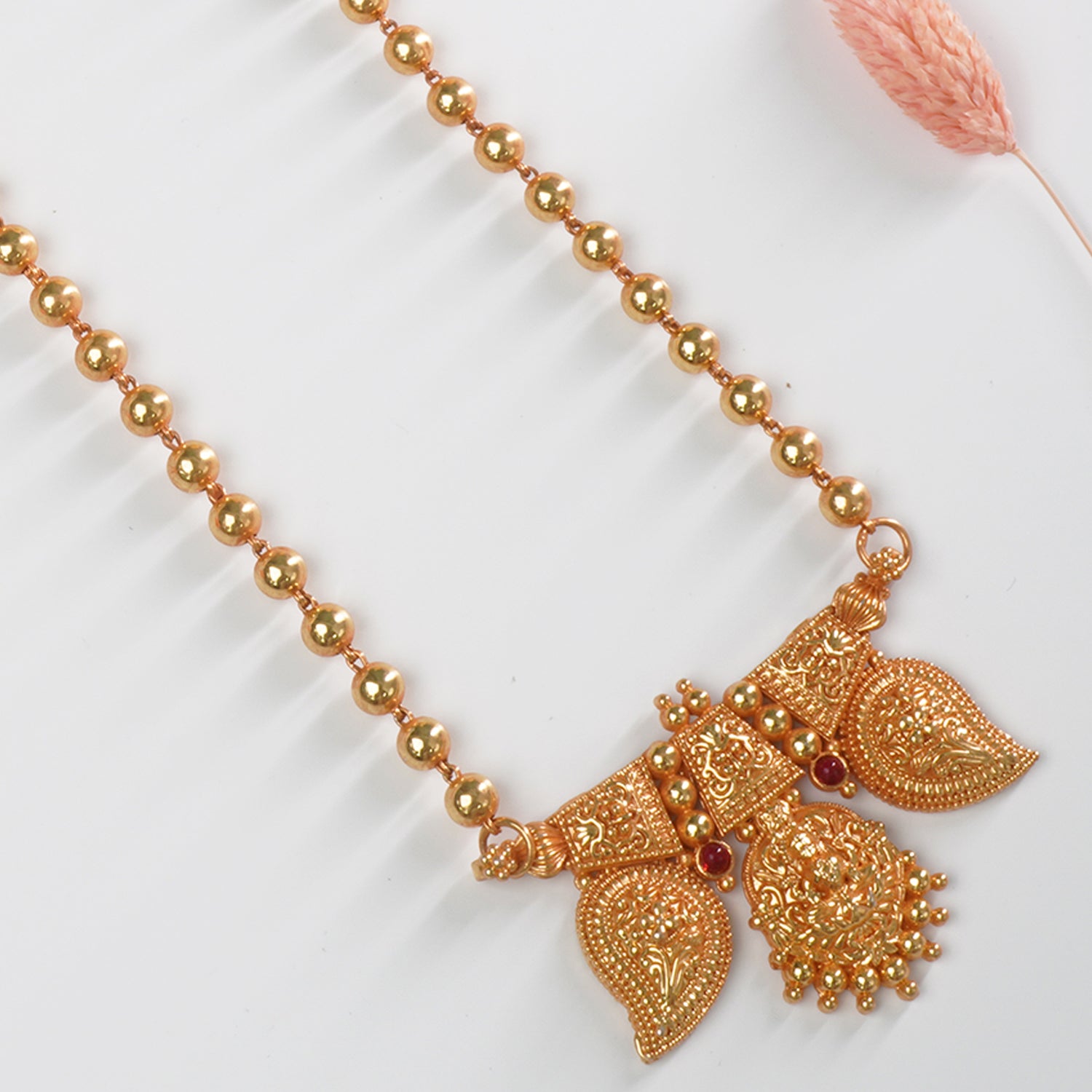 Shop Long Gold Plated Gheru Finish Beads Necklace With Gold Look-a-like Pendant