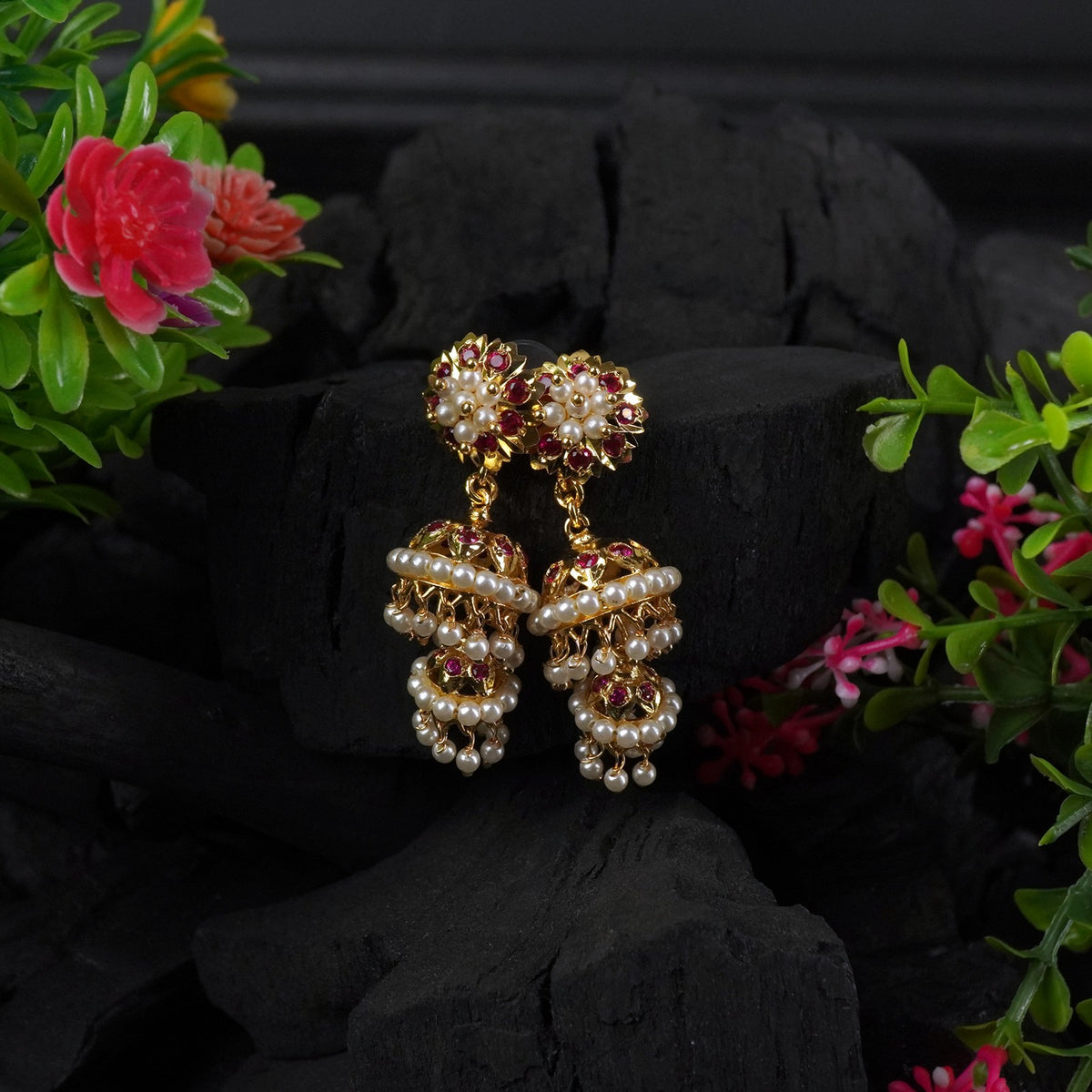 gold plated long moti jhumkas