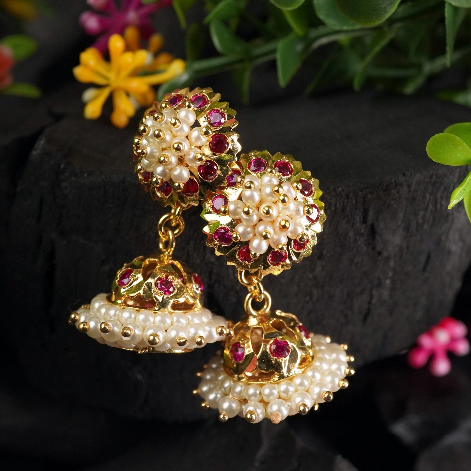 gold plated moti jhumka