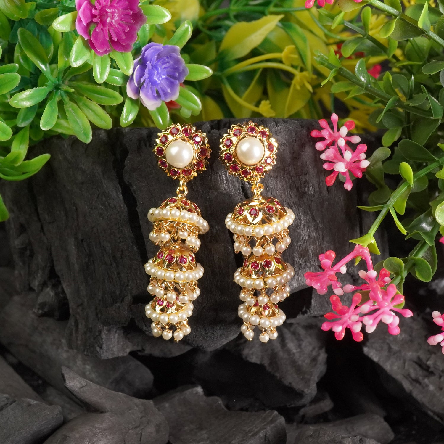 Gold plated Triple Long Pearl jhumkas