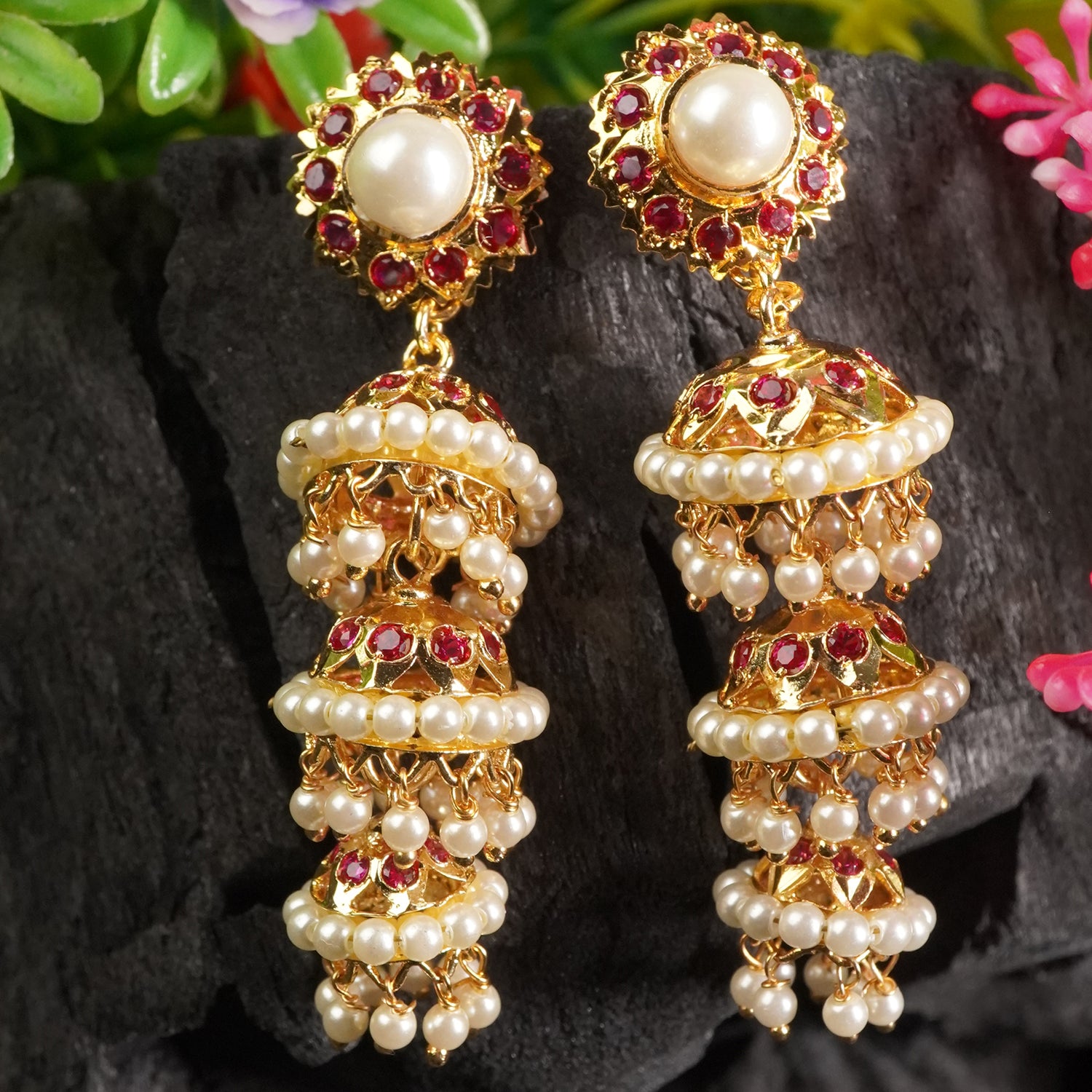 Gold plated Triple Long Pearl jhumkas