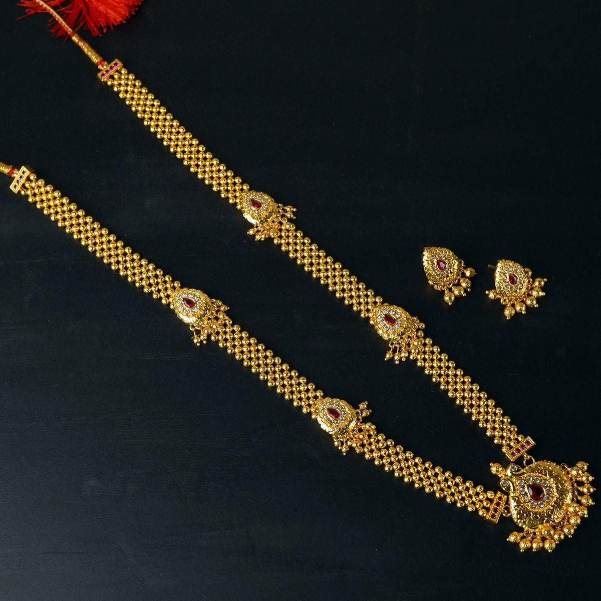 Long Kolhapuri Necklace with Handmade Taas Peacock Pendant and Matching Earrings