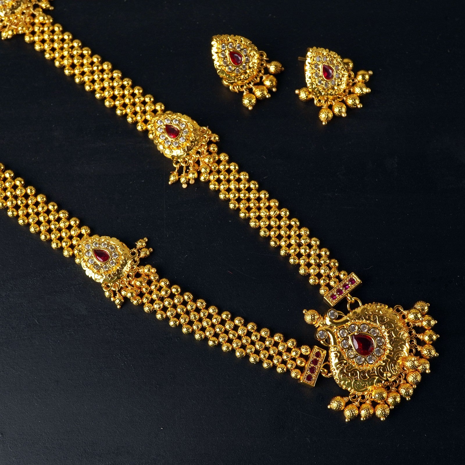 Elegant Long Kolhapuri Necklace with Intricate Handmade Pendant