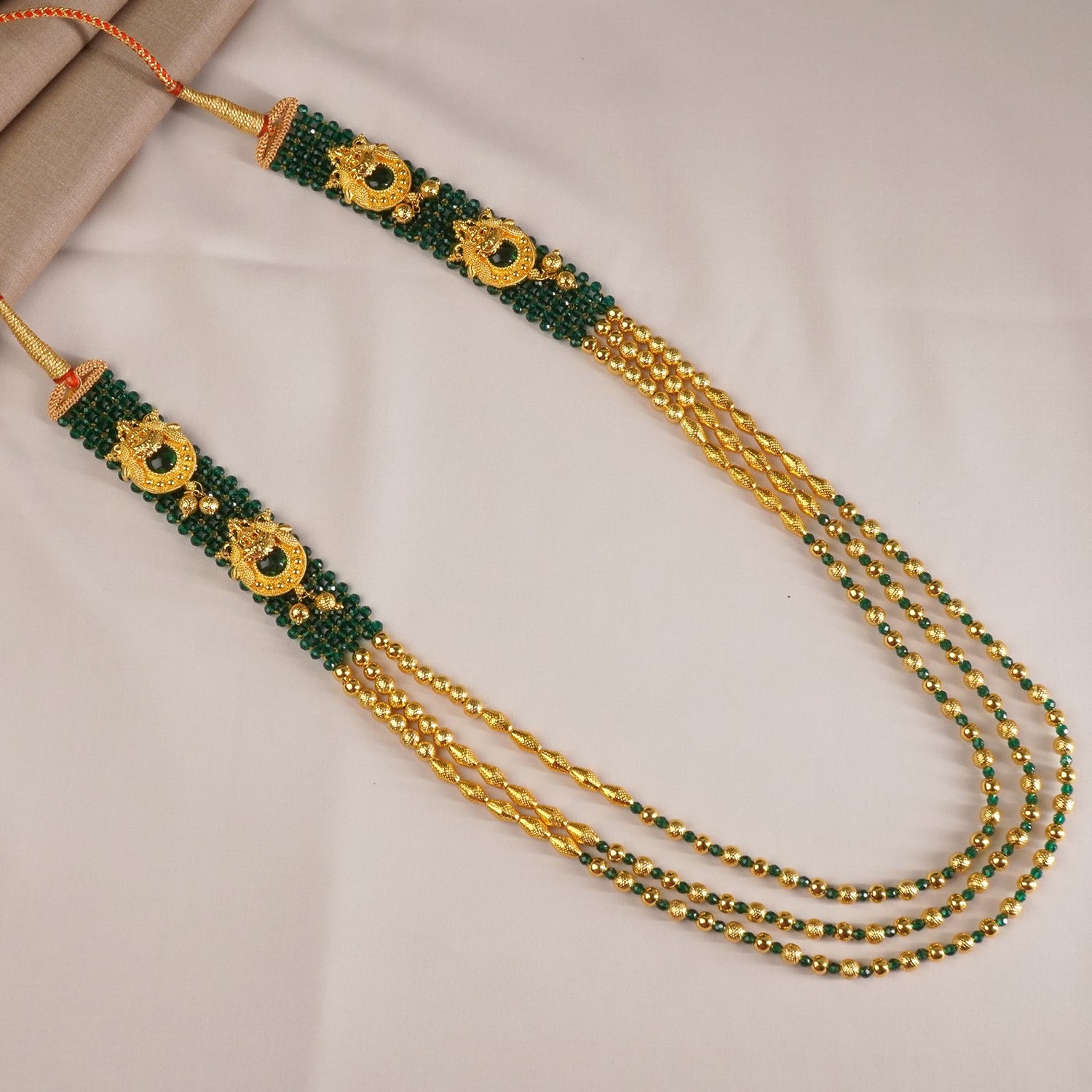 Kolhapuri Three Layer Necklace Design Gold Plated Green