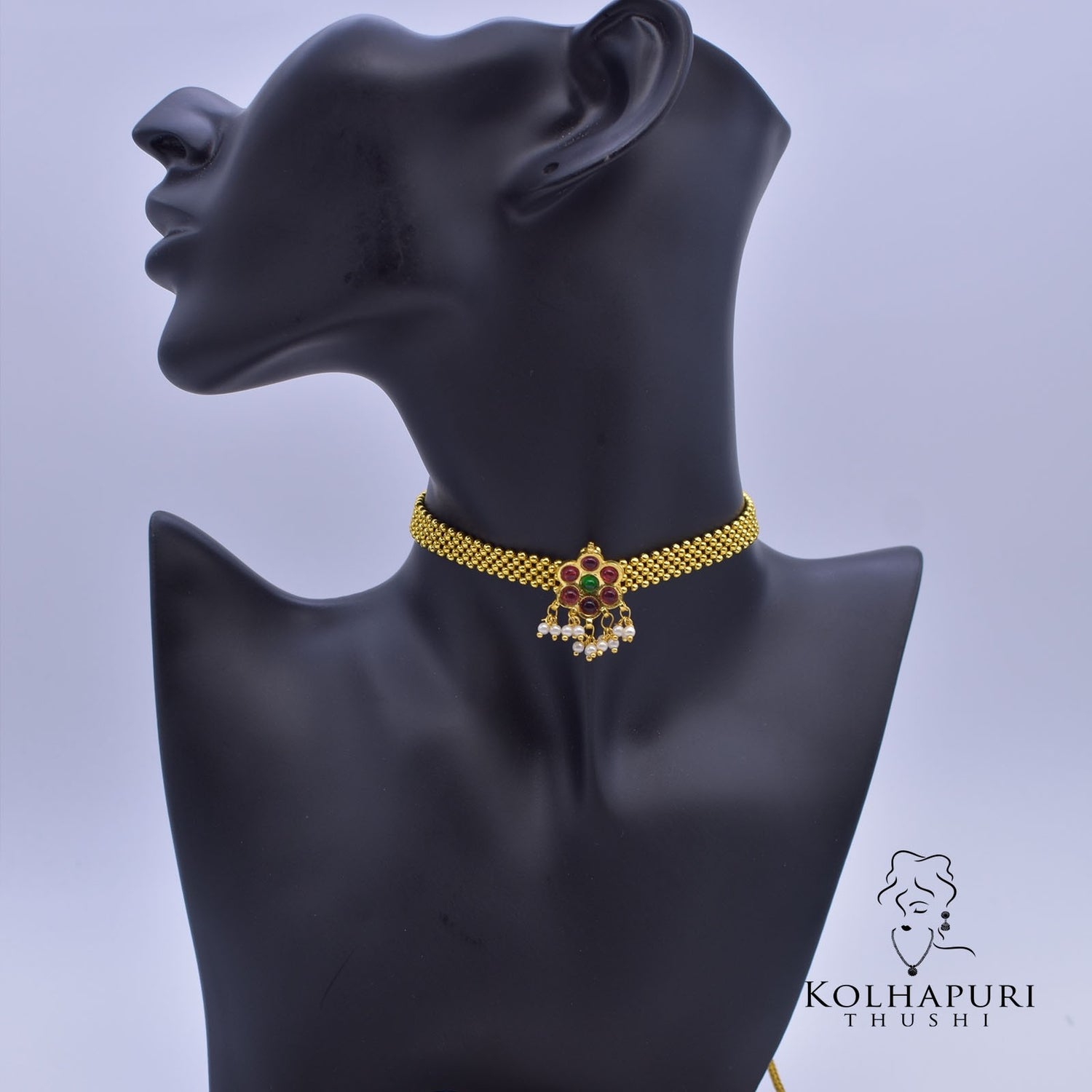 Kolhapuri thushi choker patta guttapusalu pendant