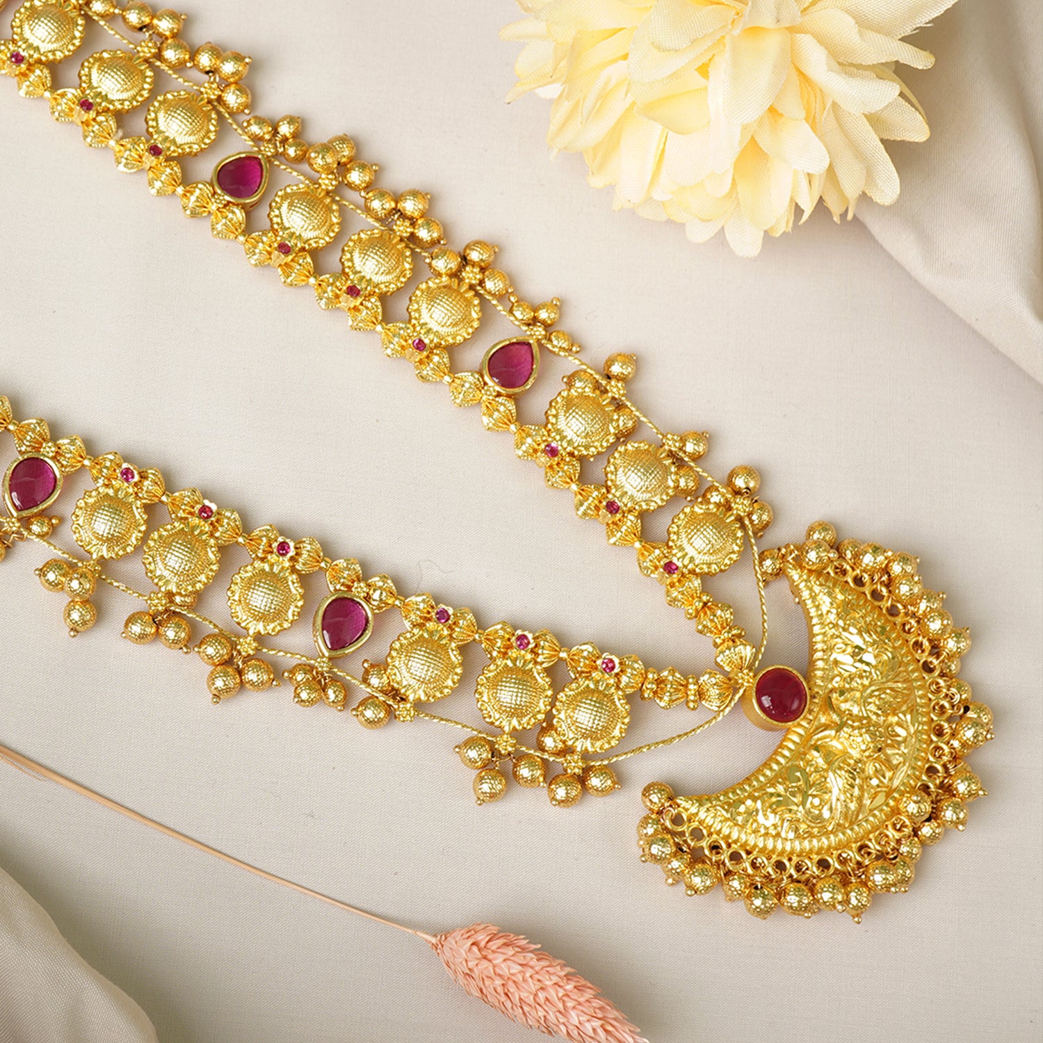 Premium Kolhapuri Saaj Necklace With Peacock Chandrakor Pendant