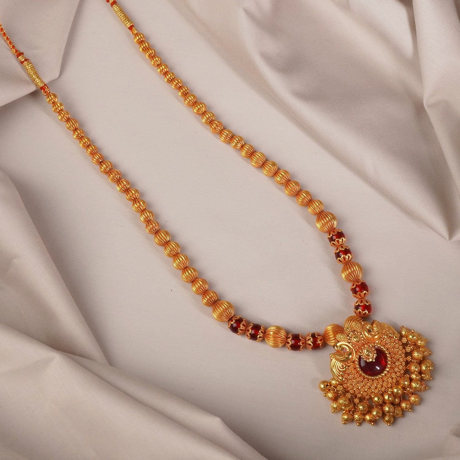 Long Gheru kolhapuri Mala - Peacock Pendant