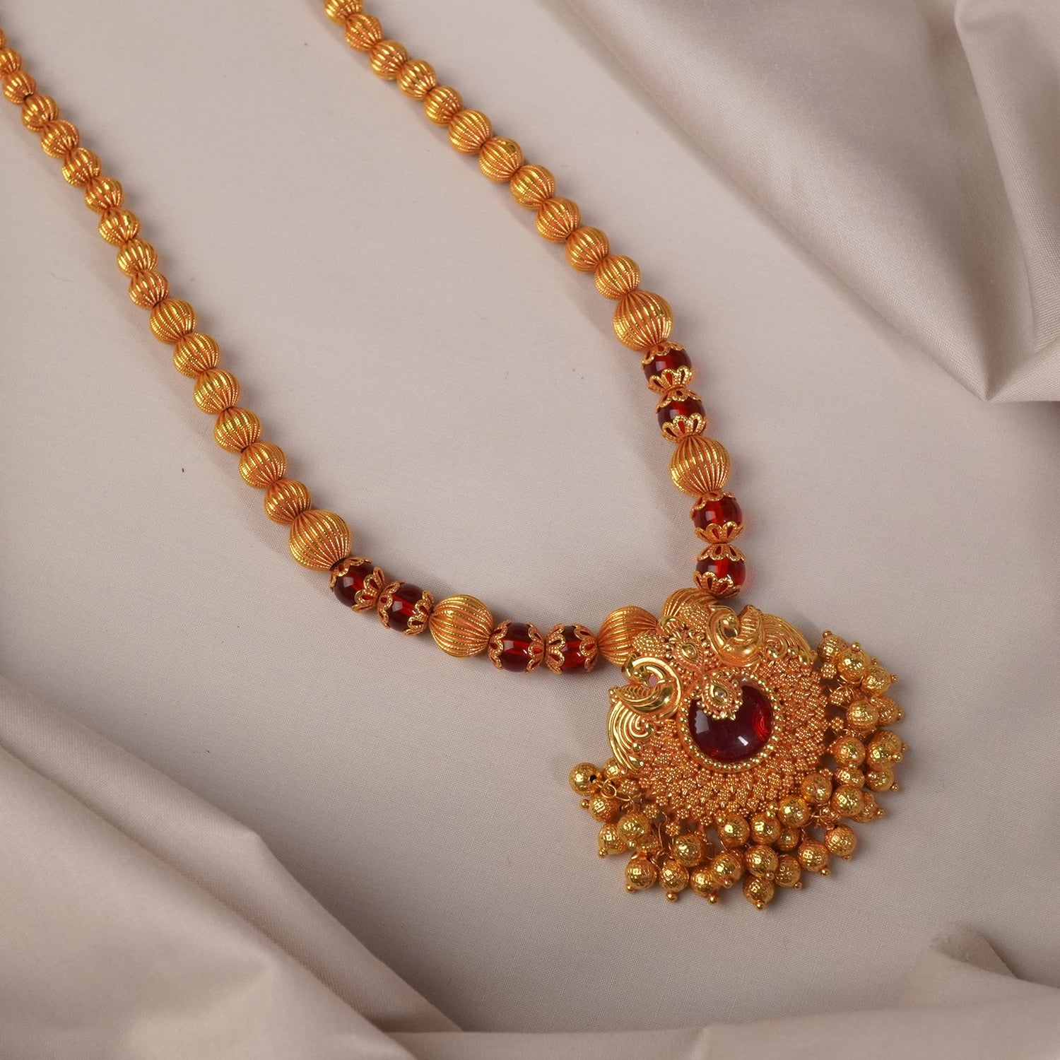 Long Gheru kolhapuri Mala - Peacock Pendant