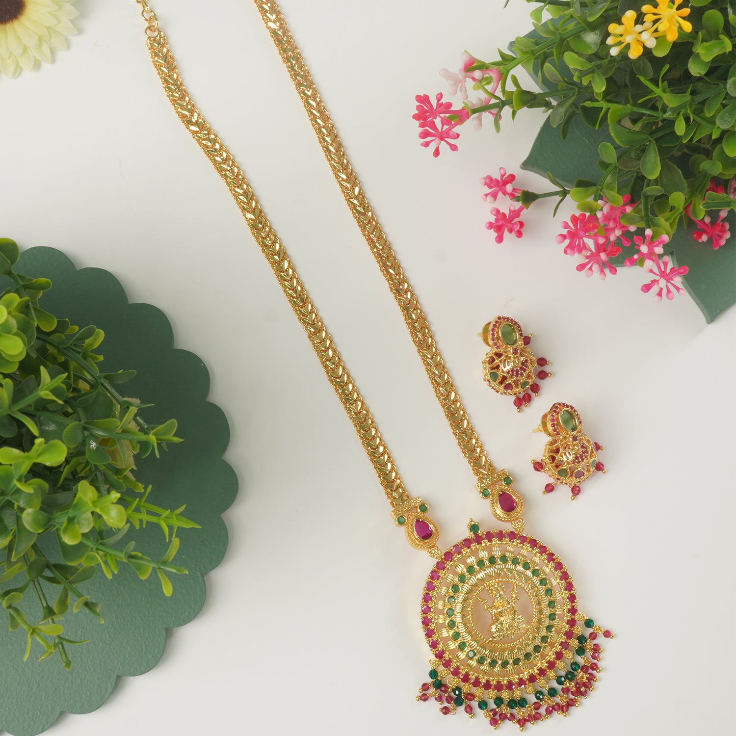 Premium Long Chain Karwari Haar With Hand Set Stone Studded Pendant With Matching Zhumki