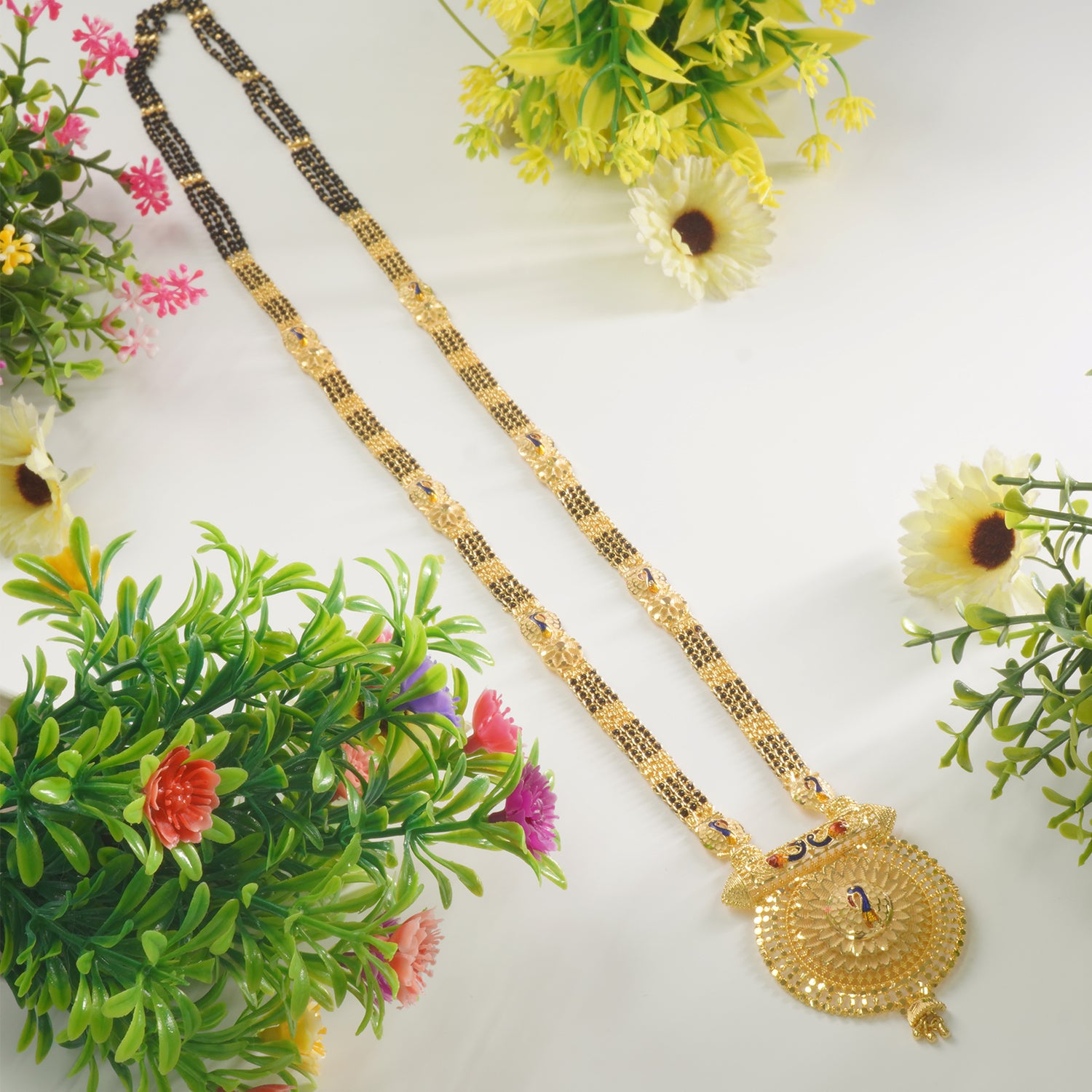 36" Forming Mangalsutra With Meena Peacock Design Online - 3 Padri