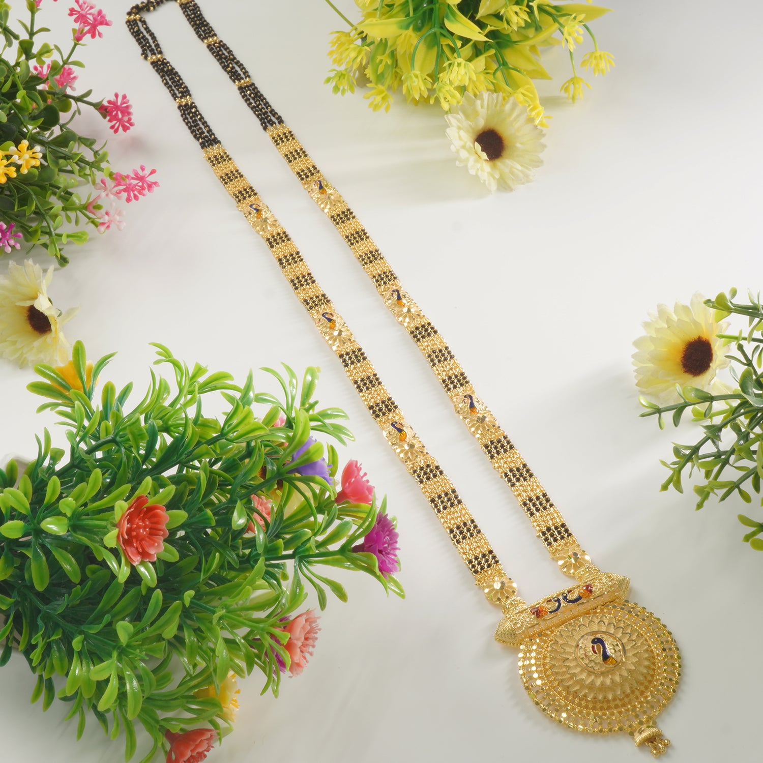 36" Forming Mangalsutra With Meenakari Peacock Pendant Design Online - 4 Padri