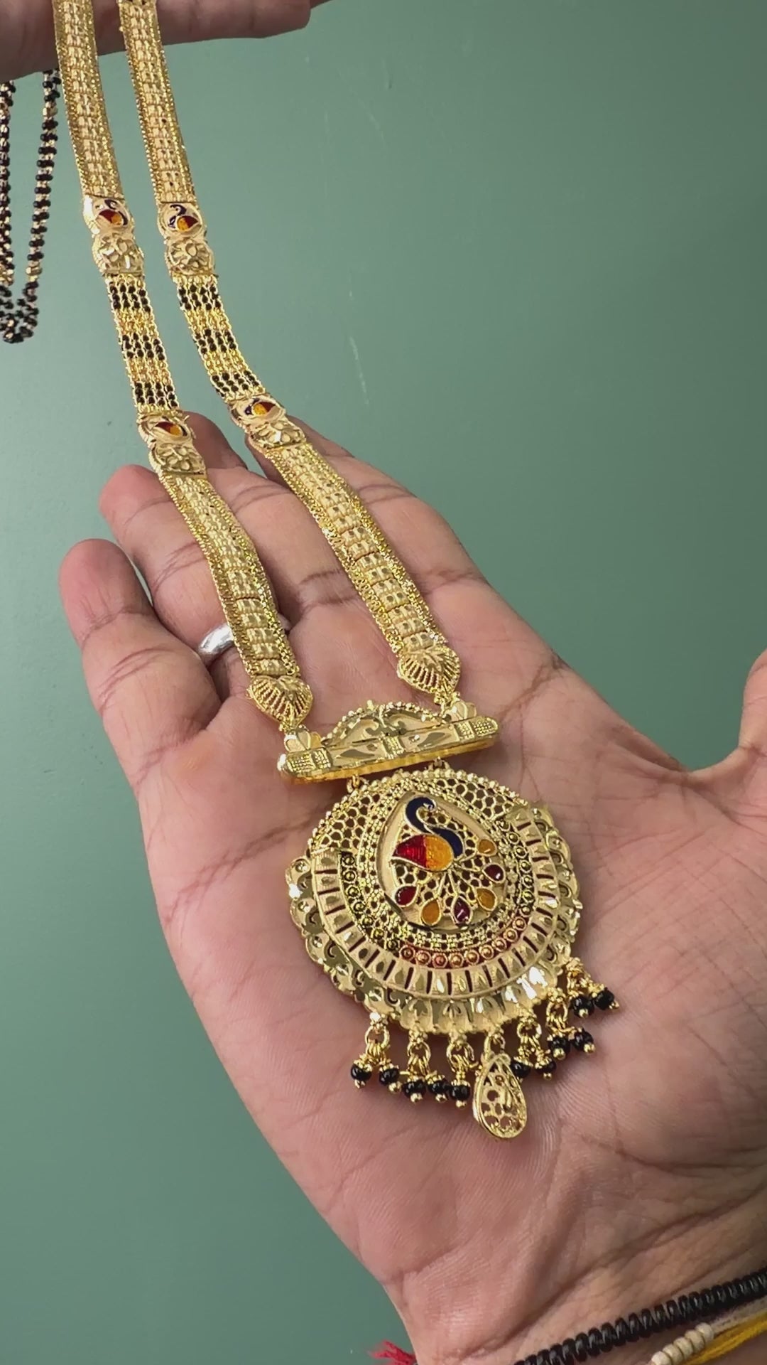 Shop Online 32 Inches Micro Forming Gold Plated Patti Mangalsutra With Peacock Meenakari Work Pendant