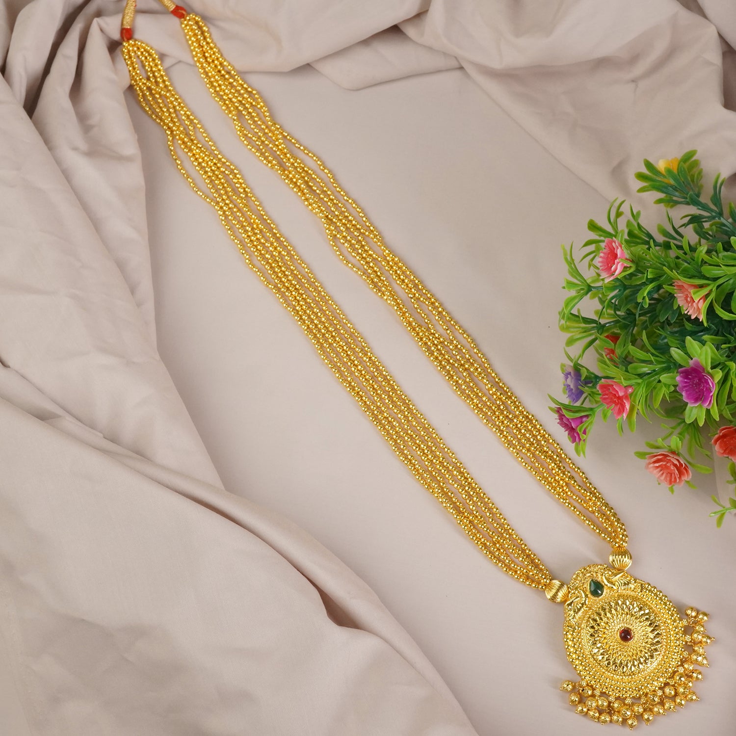 Long Kolhapuri Thushi Necklace With Gold Look-a-like Pendant