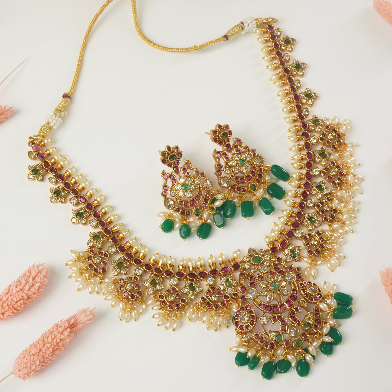 Gold Plated South Indian Temple Kemp Jewellery Necklace Design