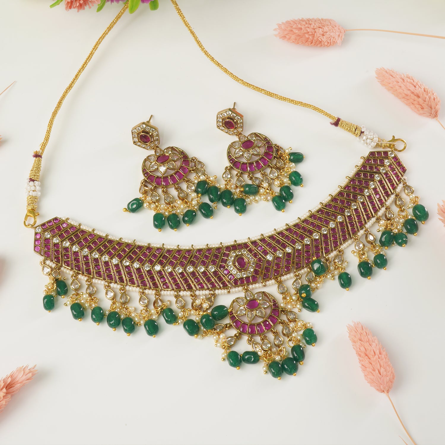 Gold Plated South Indian Kemp Jewellery Necklace Design Online