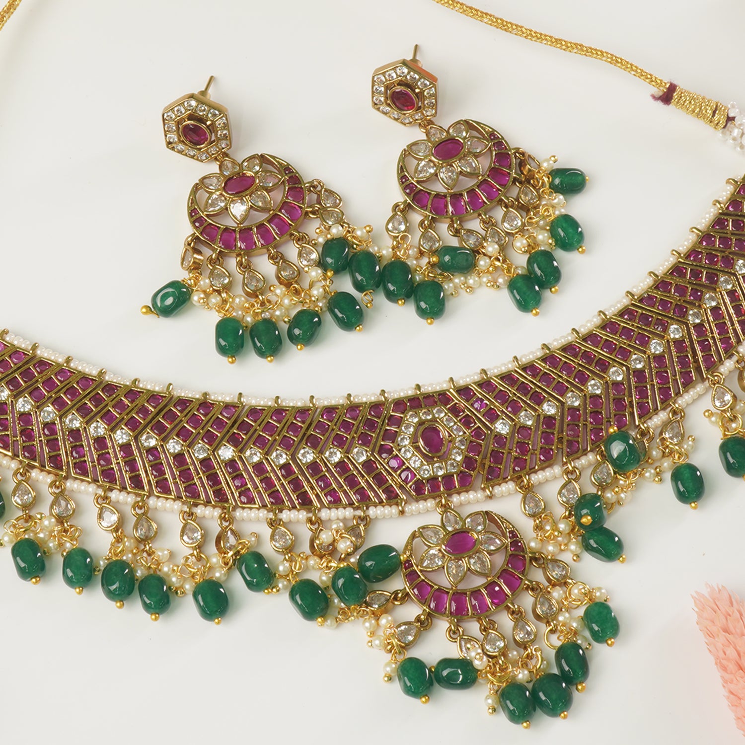 Gold Plated South Indian Kemp Jewellery Necklace Design Online